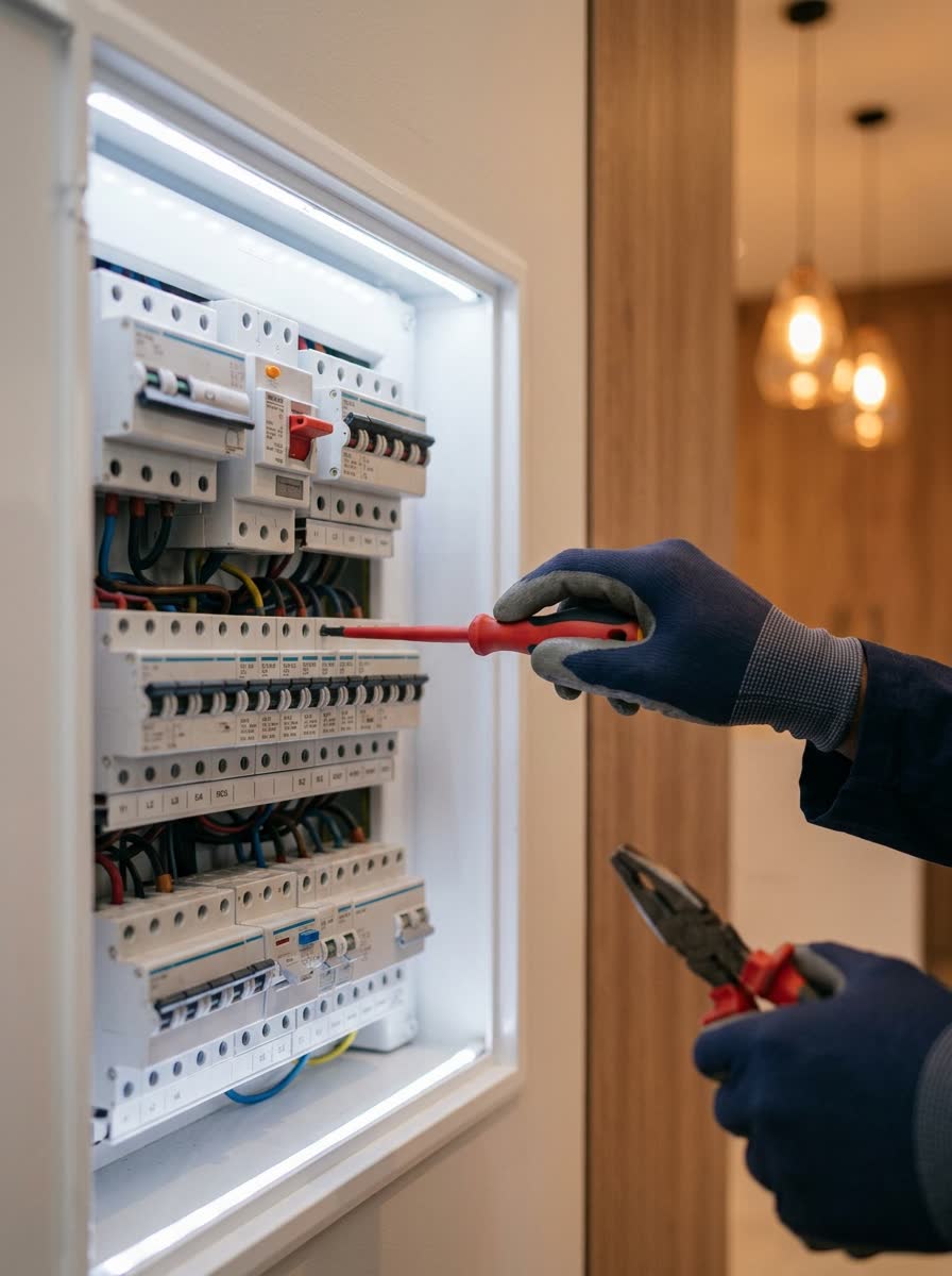 Close-up of an electrical distribution board serviced by an Arsenistics Projects electrician
