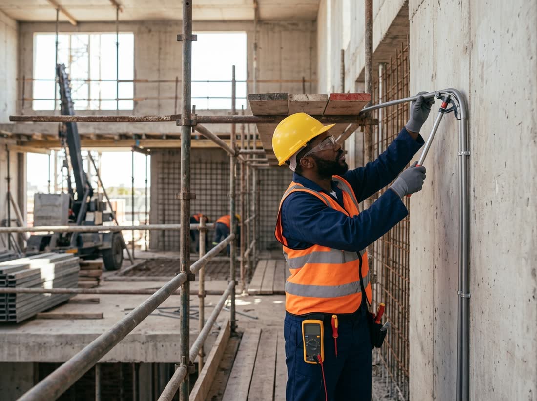 Electrician installing conduit on a new-build construction site for Bnet Construction