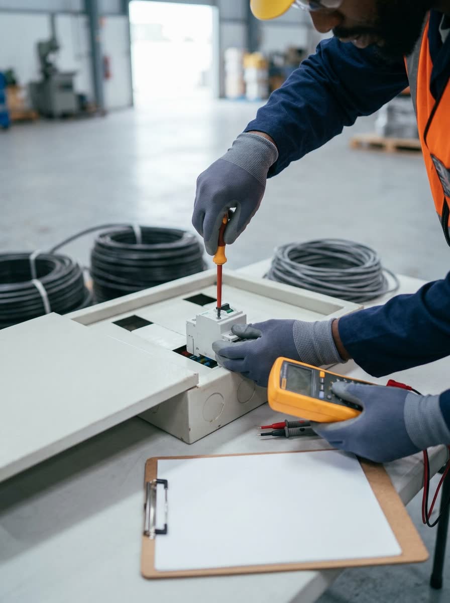Electrician replacing a distribution board and completing a compliance check