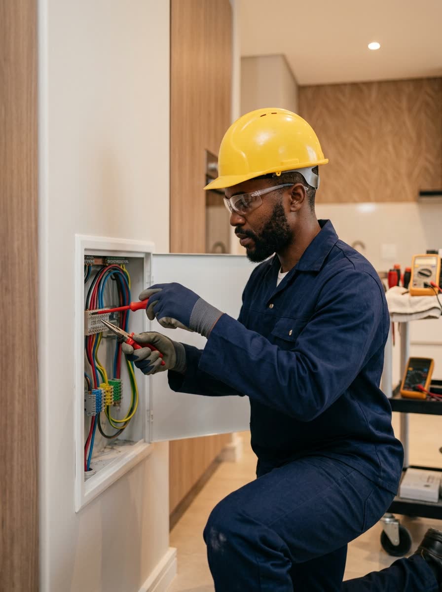Electrician performing residential electrical wiring work for Jatex Park