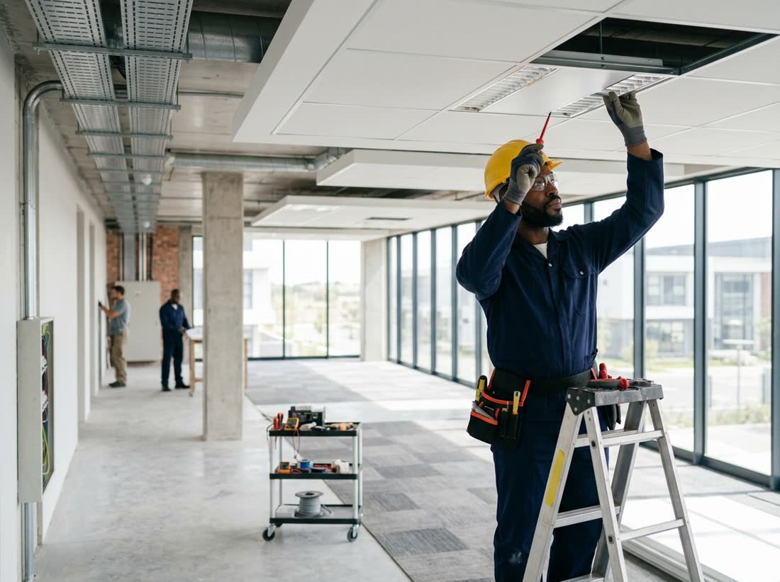 Electrician installing ceiling lighting during an office park electrical fit-out