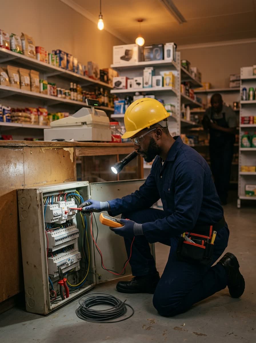 Electrician diagnosing an emergency electrical fault inside a retail store