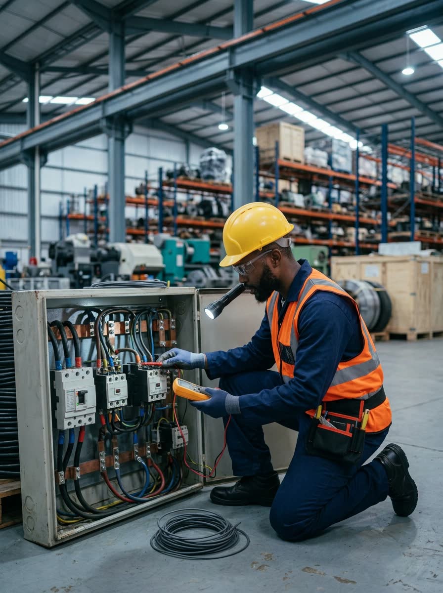 Electrician upgrading a distribution board inside a warehouse